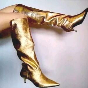NWT ZARA Bloggers Favorite Gold Metallic Stretch Slouch Tall Kitten Heel Boots 6
